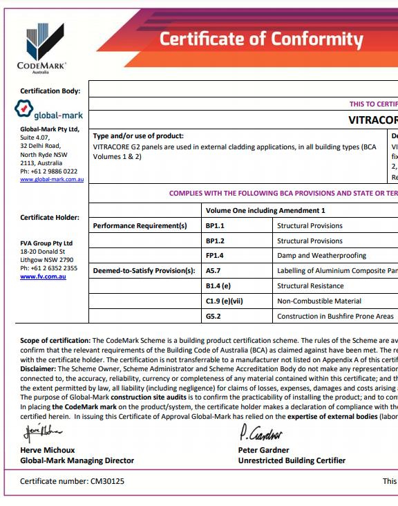 Vitracore G2 CodeMark Certificate