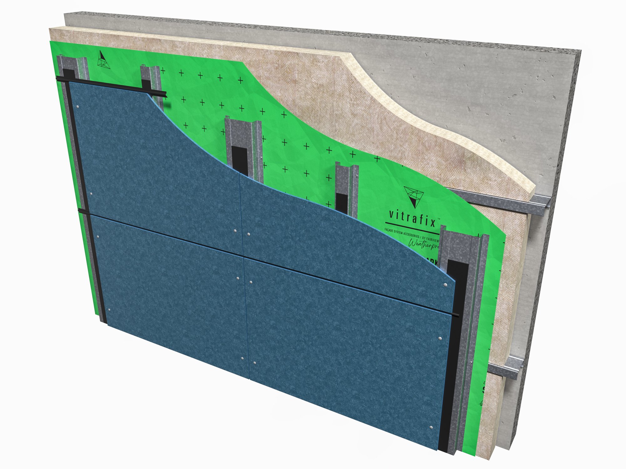 Layered breakdown of the Genesis fibre cement facade system with insulation and fixings