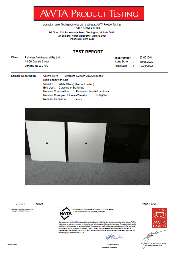 Vitracore G2 AS1530.3 with 20x20mm Hole Test Certificate