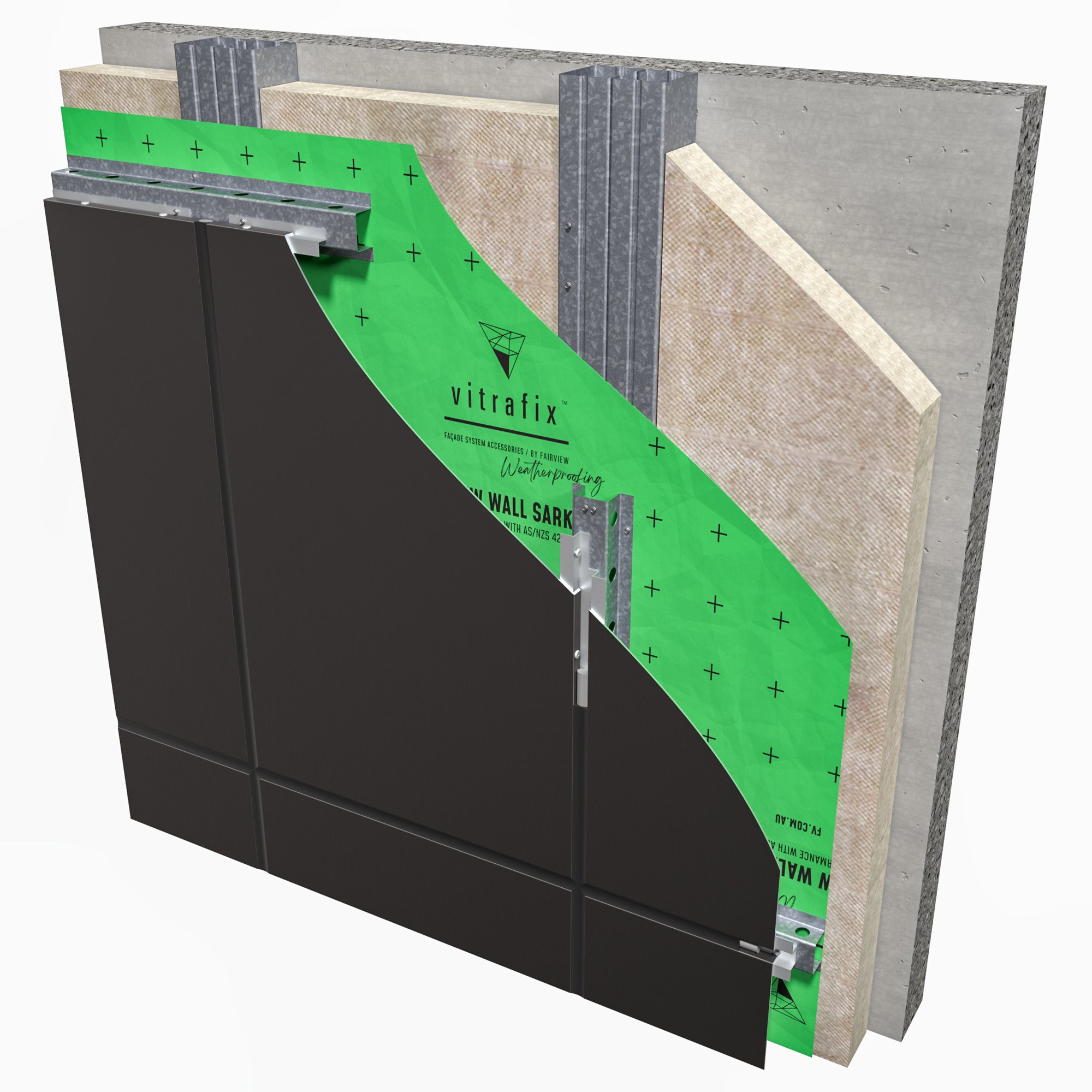 Detailed diagram of the Vitradual cladding system showing installation layers and components