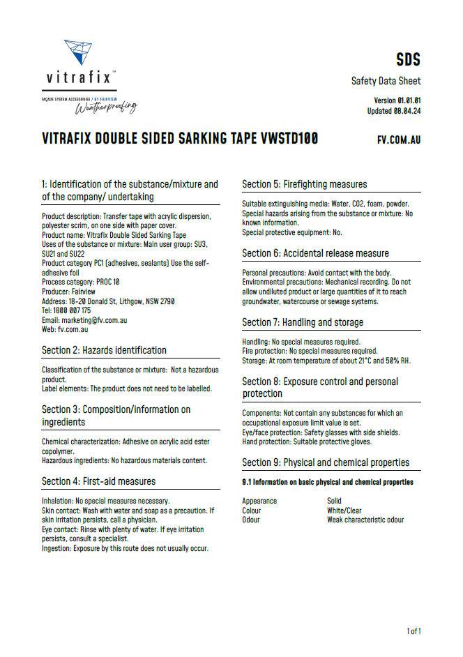 Vitrafix Double Sided Sarking Tape Safety Data Sheet Title