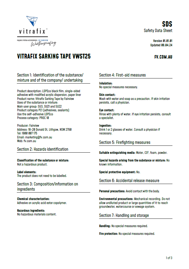 Vitrafix Sarking Tape Safety Data Sheet Title