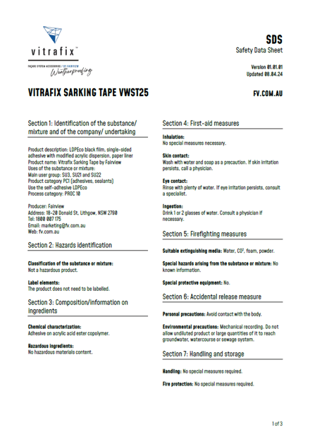 Vitrafix Sarking Tape Safety Data Sheet Title