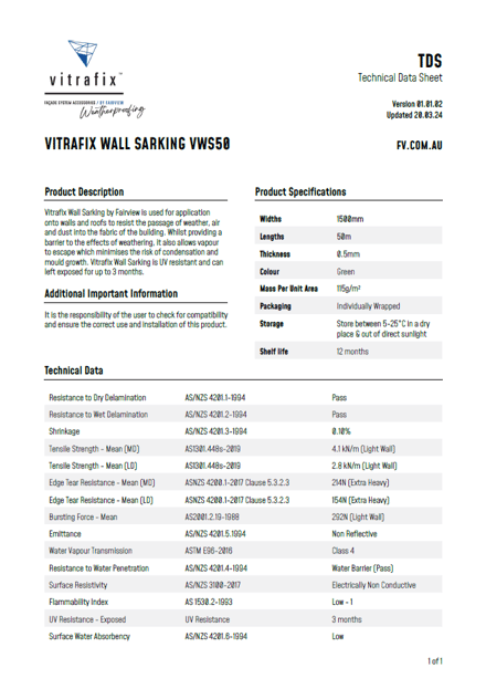 Vitrafix Wall Sarking Technical Data Sheet Title