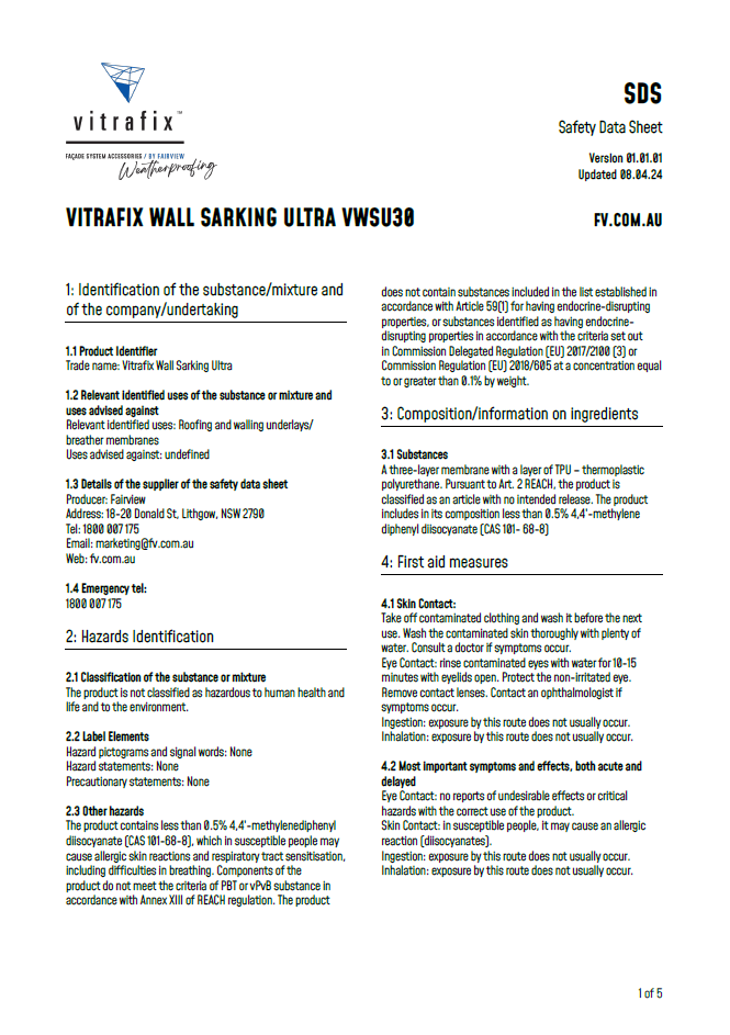 Vitrafix Wall Sarking Ultra Safety Data Sheet Title