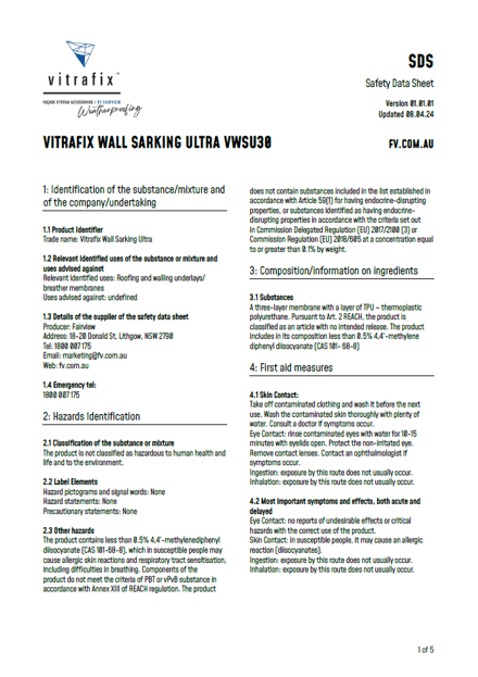 Vitrafix Wall Sarking Ultra Safety Data Sheet Title