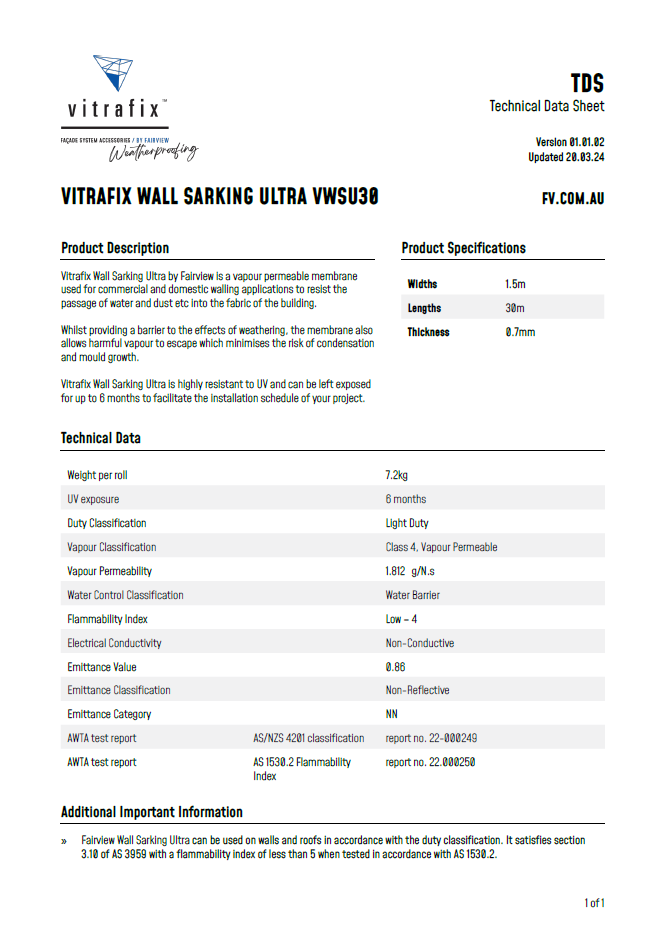 Vitrafix Wall Sarking Ultra Technical Data Sheet Title